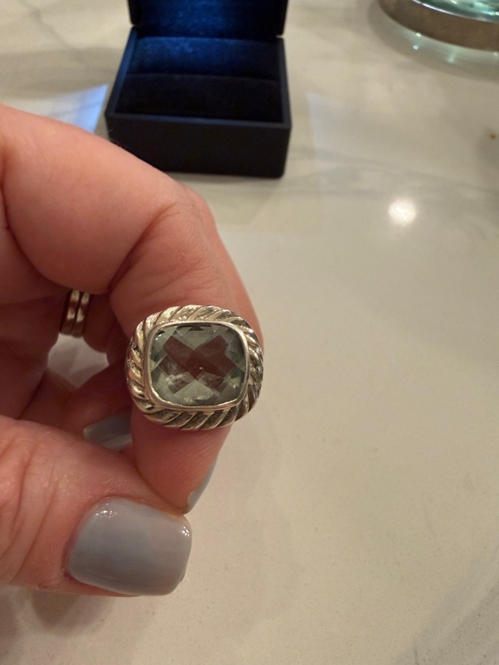 Sterling Silver Cushion-Cut Green Gemstone Ring